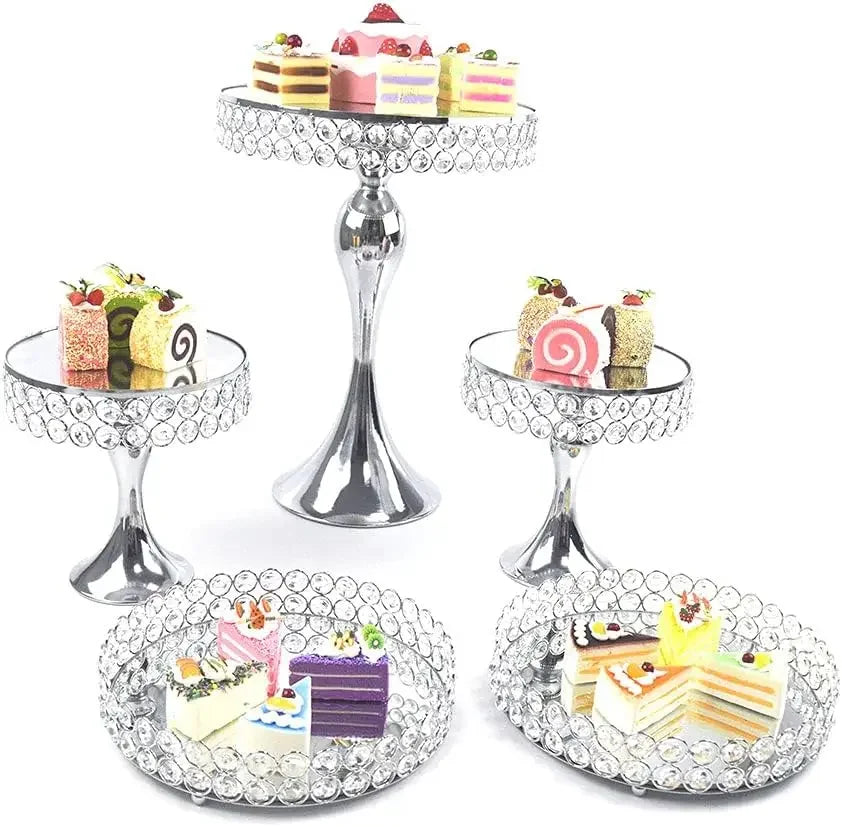 NEW Crystal Beaded Cake Stand Set of 11 Silver for Wedding Dessert Table Metal Cupcake Stand&Mirrored Top Pastry Candy Display