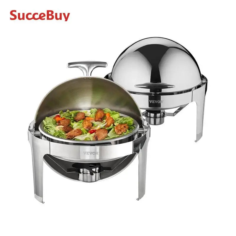 SucceBuy Roll Top Chafing Dish Buffet Set 6 Qt 2 Pack Stainless Steel Chafer with 2 Full Size Pans Round Catering Warmer Server