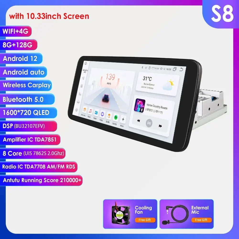 Hizpo 1 Din Car Radio Multimedia Player Detachable Panel 10.33" Wireless Carplay Android 360° Rotatable Universal Stereo GPS BT