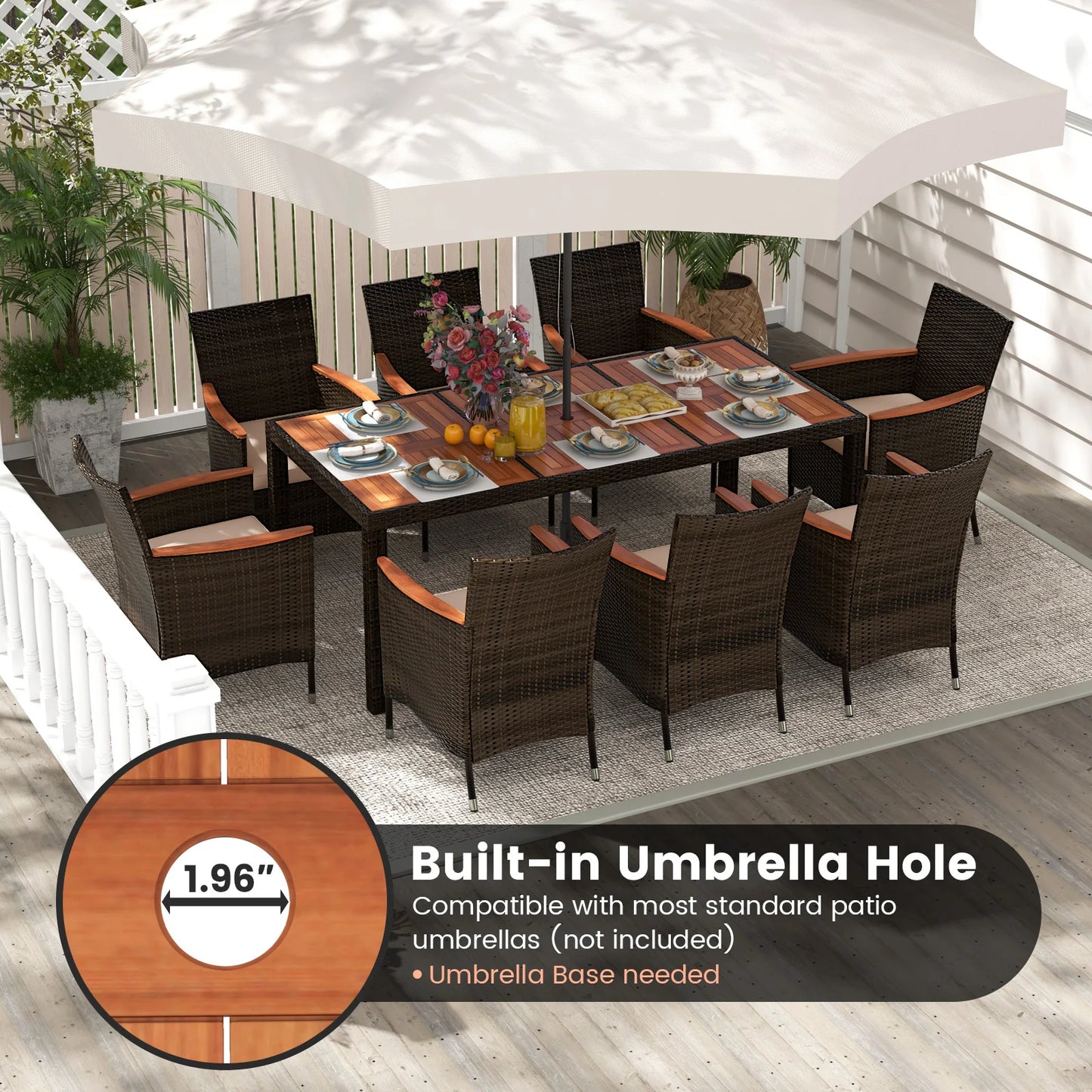 HOMASIS 9 Piece Patio Wicker Dining Set With Acacia Table
