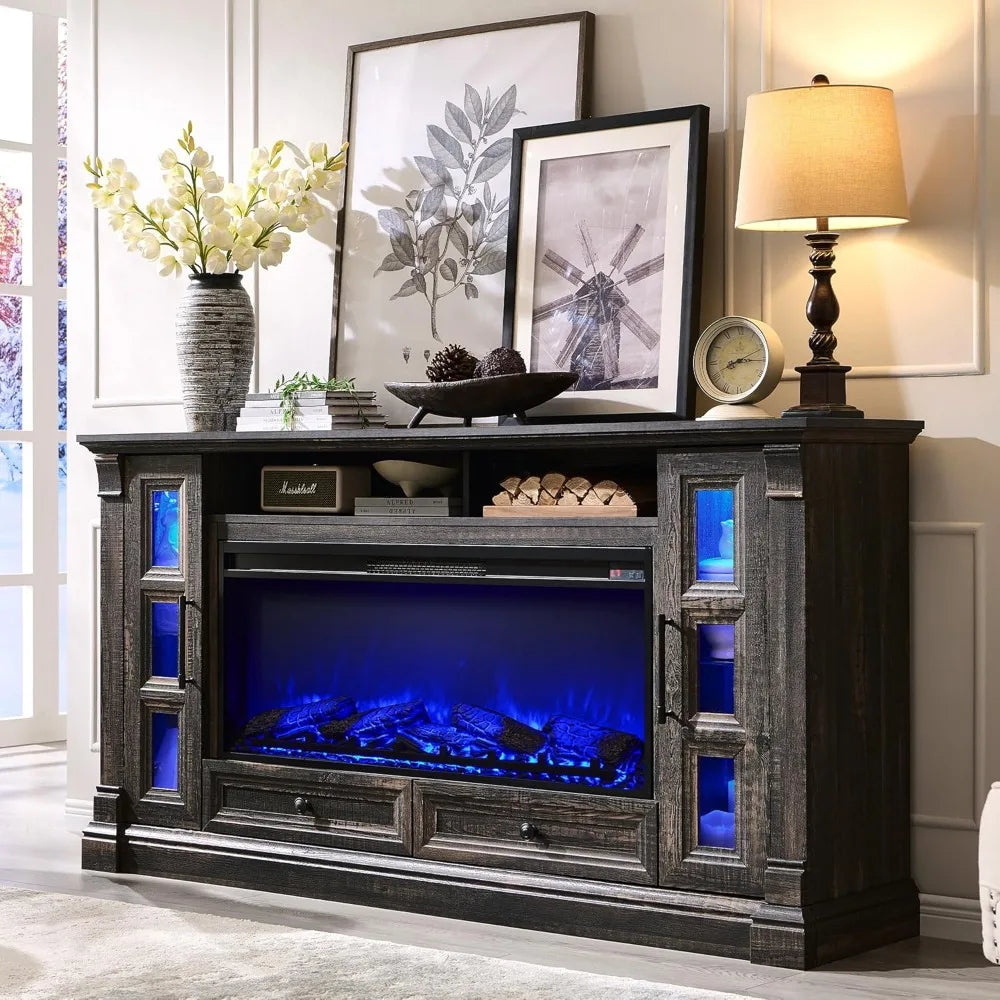 OKD TV Stand With Electric Fireplace Farmhouse Entertainment Center Glass TV Console