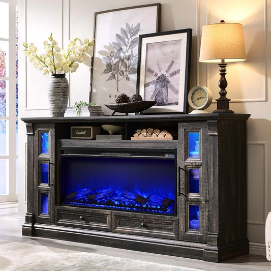 OKD TV Stand With Electric Fireplace Farmhouse Entertainment Center Glass TV Console