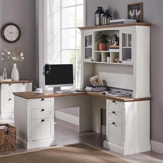XMSJ L Shaped Desk With Hutch And File Cabinet Storage