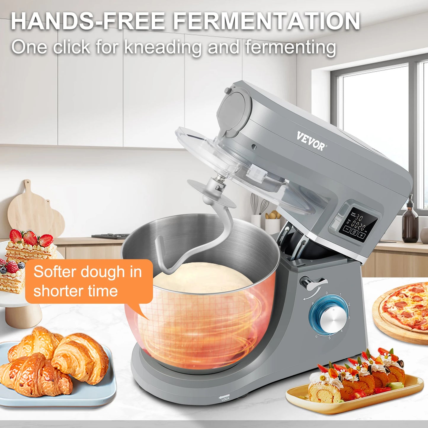 VEVOR 5 In 1 Stand Mixer Multifunctional Electric Mixer With 6 Speeds LCD Timer 7.4 Qt Stainless Bowl
