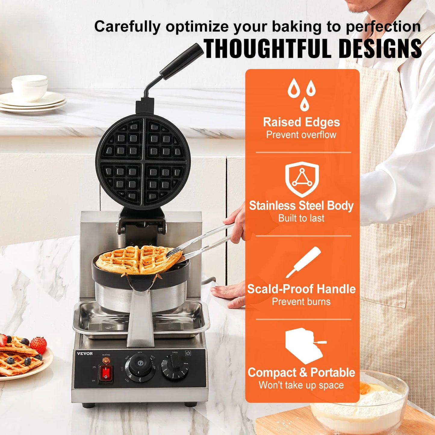 VEVOR Electric Waffle Maker Stainless Steel Round Waffle Iron Nonstick