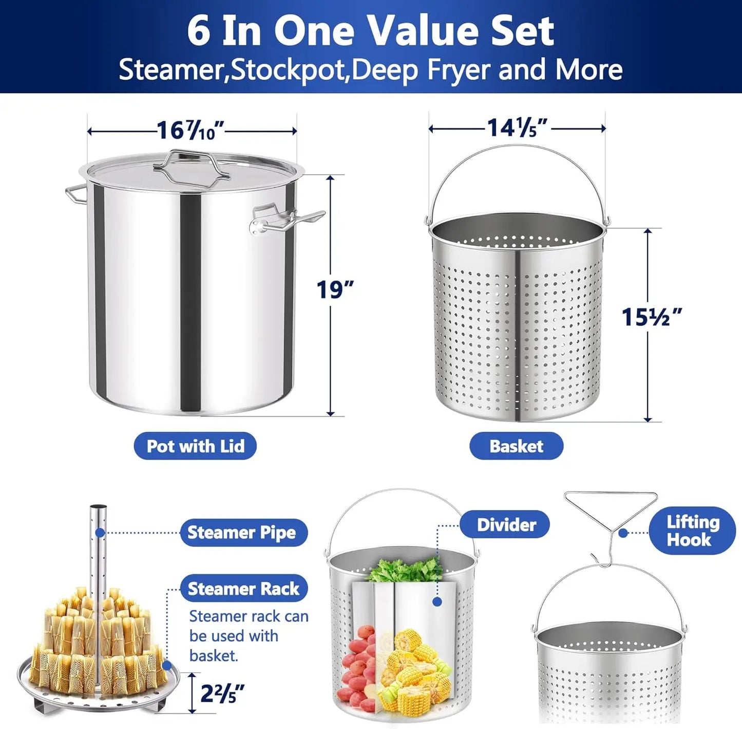 64-QT Large Stainless Steel Stockpot for Seafood Boiler Crawfish Pot with Basket and Steamer Rack, Outdoor Cooking Pot for C