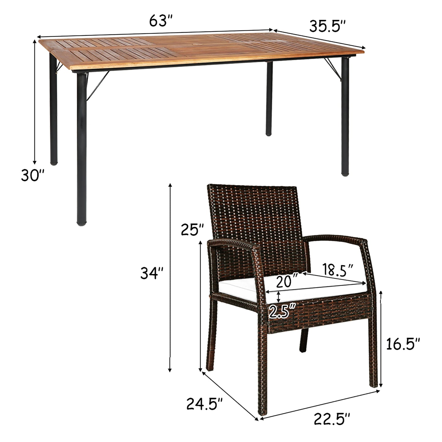7PCS Patio Rattan Dining Set Chair Wooden Table Top W/Umbrella Hole