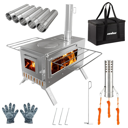 Stainless Steel Wood Burning Tent Stove With Seven Chimney Pipes