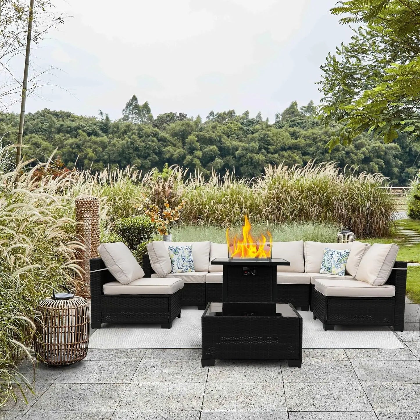 8 Piece Patio Furniture Set With Fire Pit Table Wicker