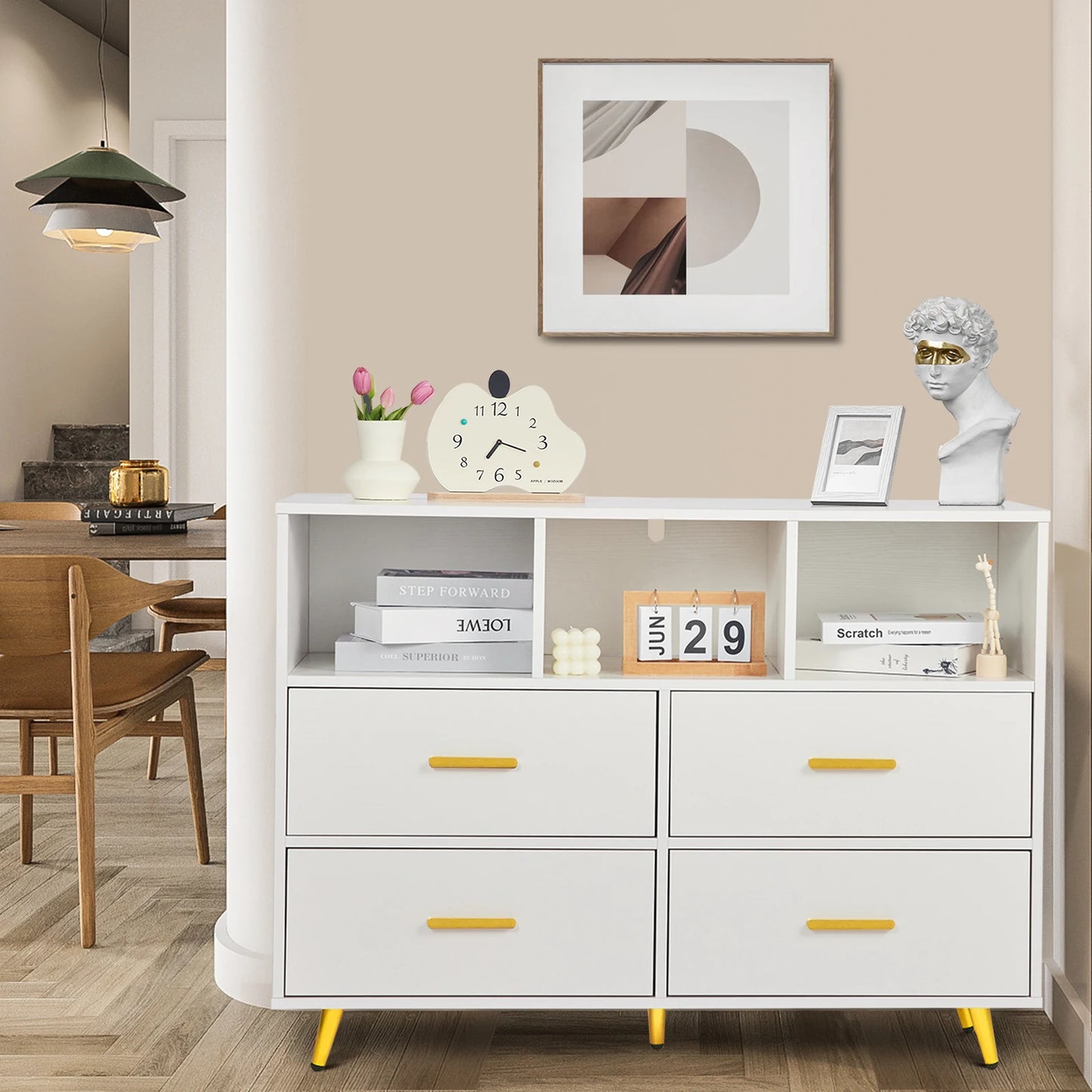 REDLIFE 4 Drawer Dresser for Bedroom Wood Furniture TV Stand w/ 3 Open Sheleves for Storage Closet & Living Room & Console Table