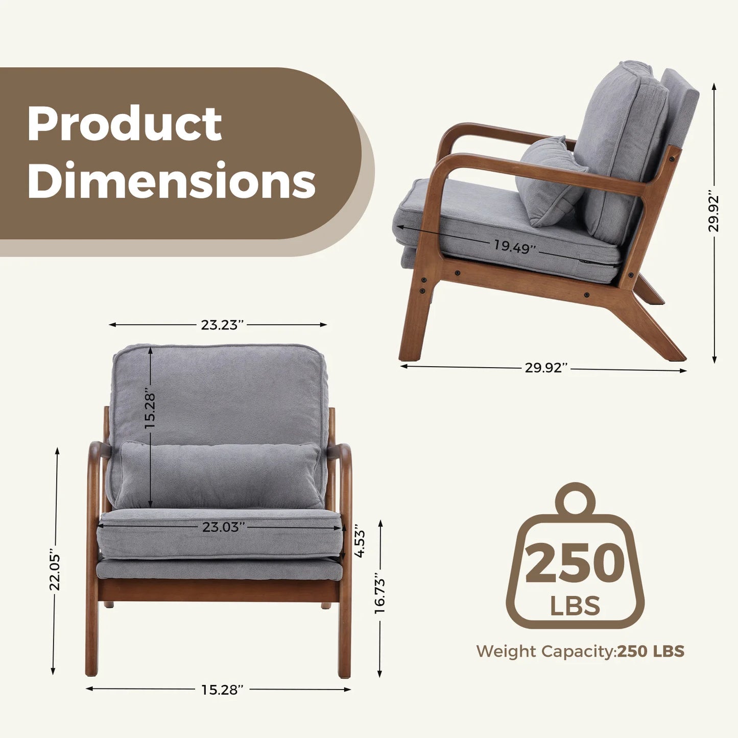JHK Midcentury Modern Solid Wooden Frame ErgonomicallyDesigned Armchair With Cushions