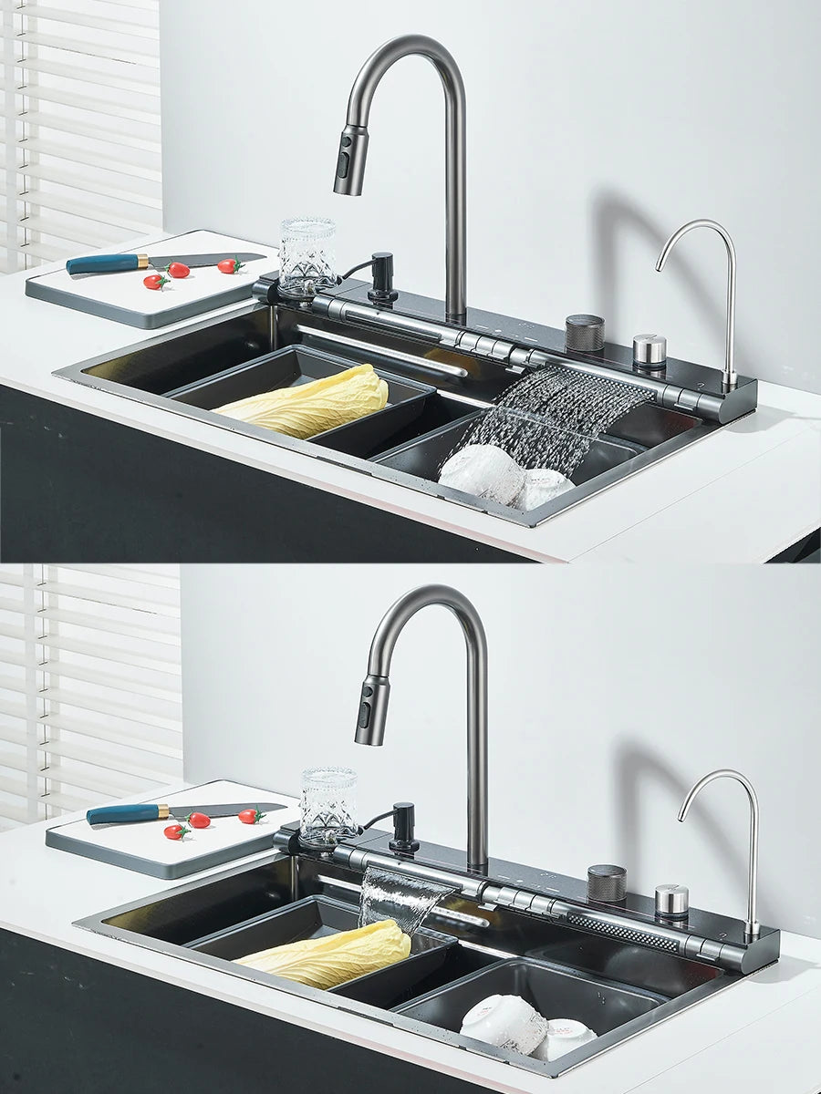 Quyanre 304 Stainless Steel Kitchen Sink Double Waterfall Faucet Set