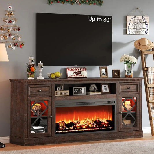 Farmhouse Luxury TV Stand With Integrated Illuminated Fireplace Entertainment Center