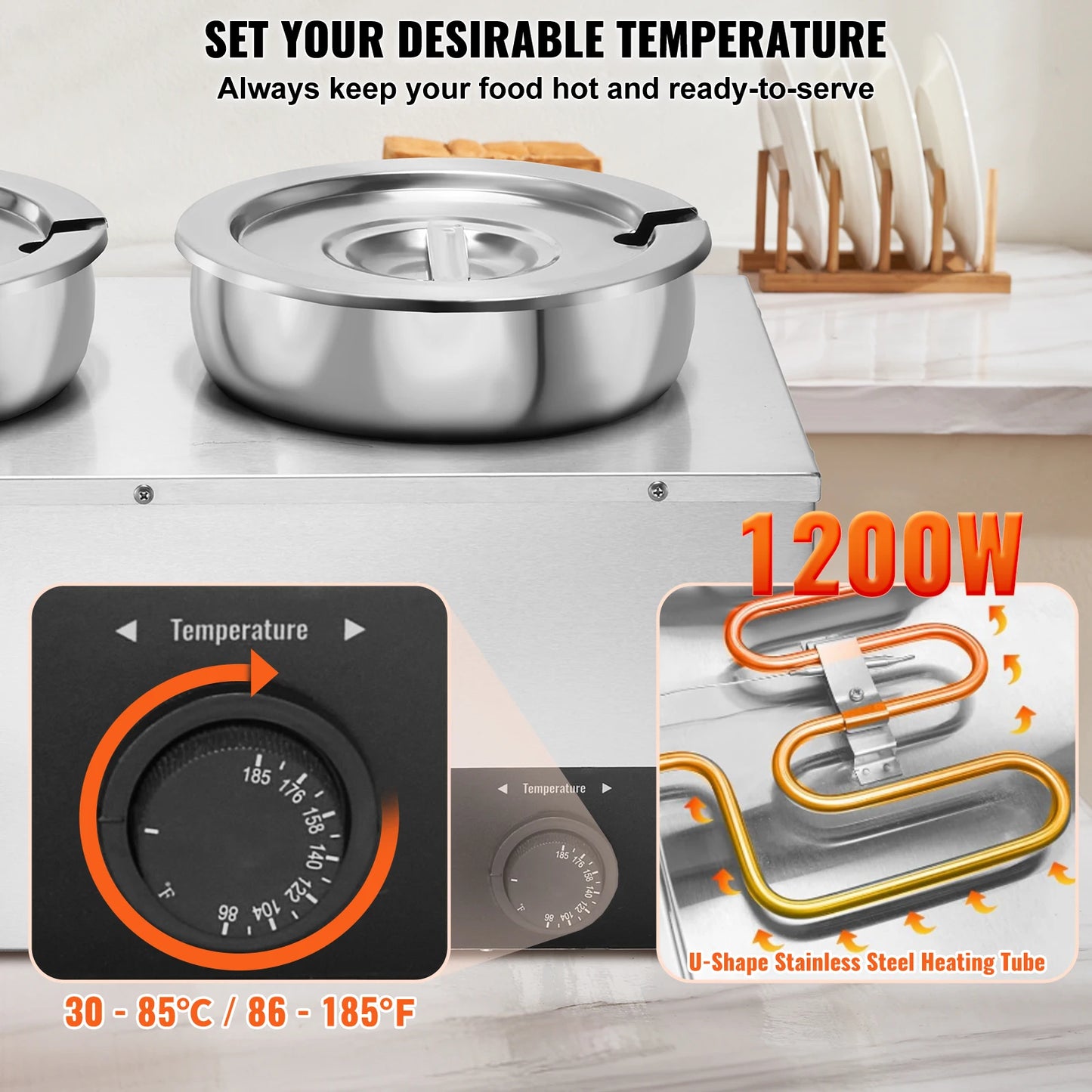 VEVOR Electric Soup Warmer Commercial Stainless Steel Round Pot Adjustable