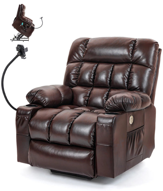 Leather Heated Lift Recliner Chair with Dual Motor, Massage, Cup Holder, Wireless Charging, USB, Brown