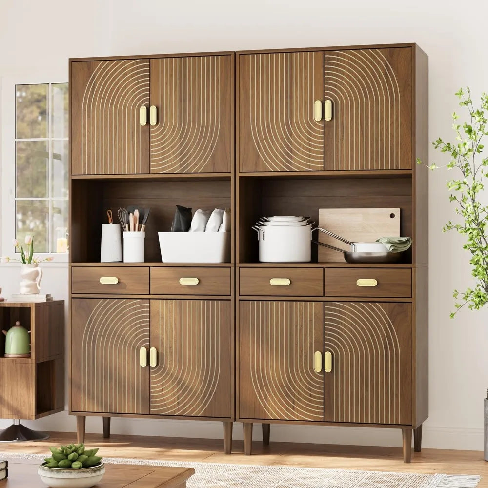 Kitchen Pantry Cabinet With Line Groove Design And Microwave Stand