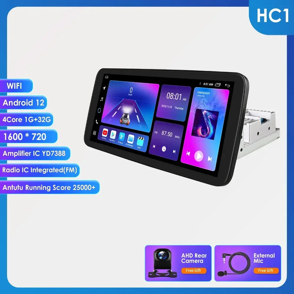 Hizpo 1 Din Car Radio Multimedia Player Detachable Panel 10.33" Wireless Carplay Android 360° Rotatable Universal Stereo GPS BT