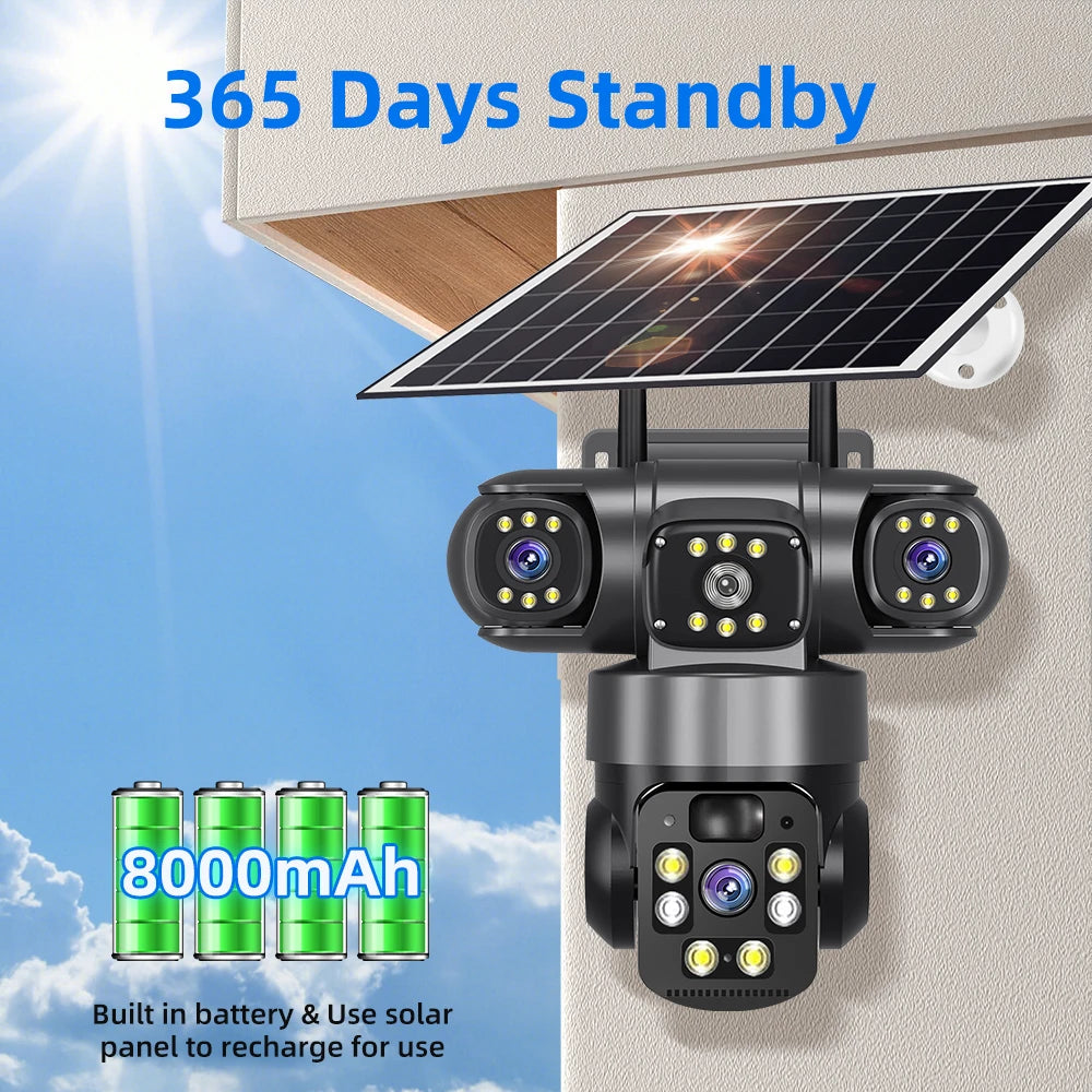 9MP Full HD Solar WiFi Camera 3 Screen 3 Lens 10X Zoom PIR Human Detect Camera Surveillance Night Vision Security Protection