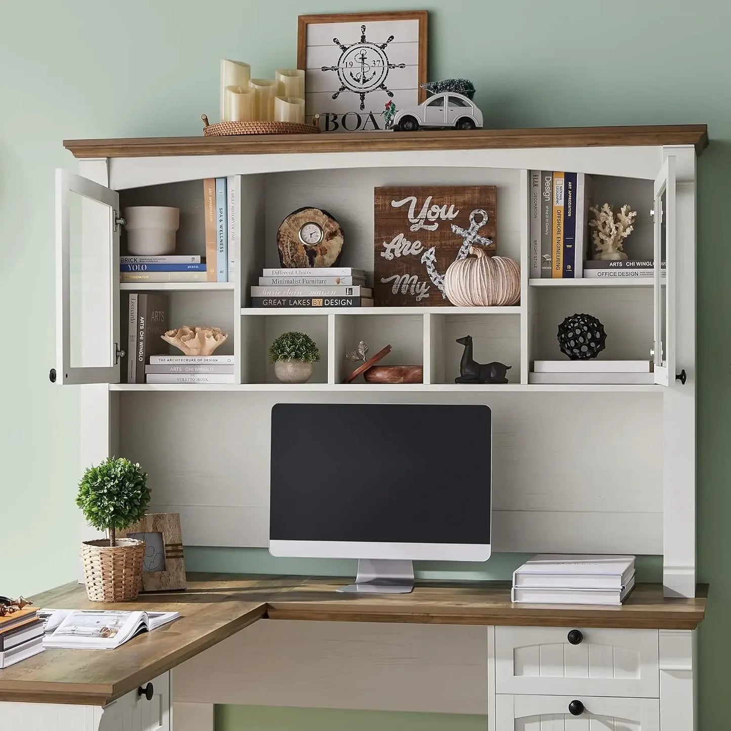 XMSJ L Shaped Desk With Hutch And File Cabinet Storage
