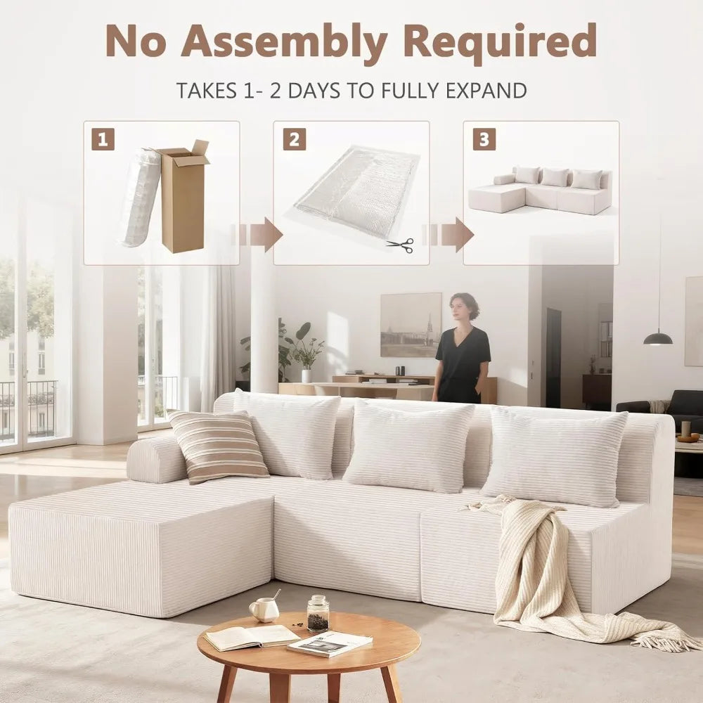 93" Sectional Couches for Living Room, Modular Sectional Sofa, Cloud Couch with L-Shape Chaise, Boneless Couches, Comfy Corduroy