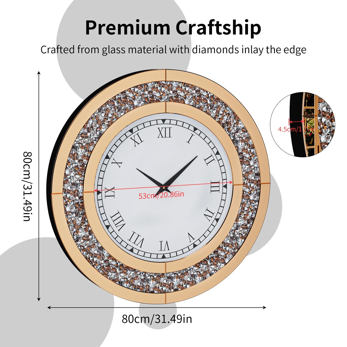 Bling Silver Round Mirror Clock For Glam Home Decor