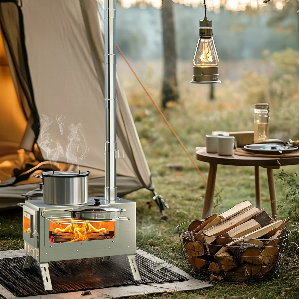 Stainless Steel Wood Burning Tent Stove With Seven Chimney Pipes