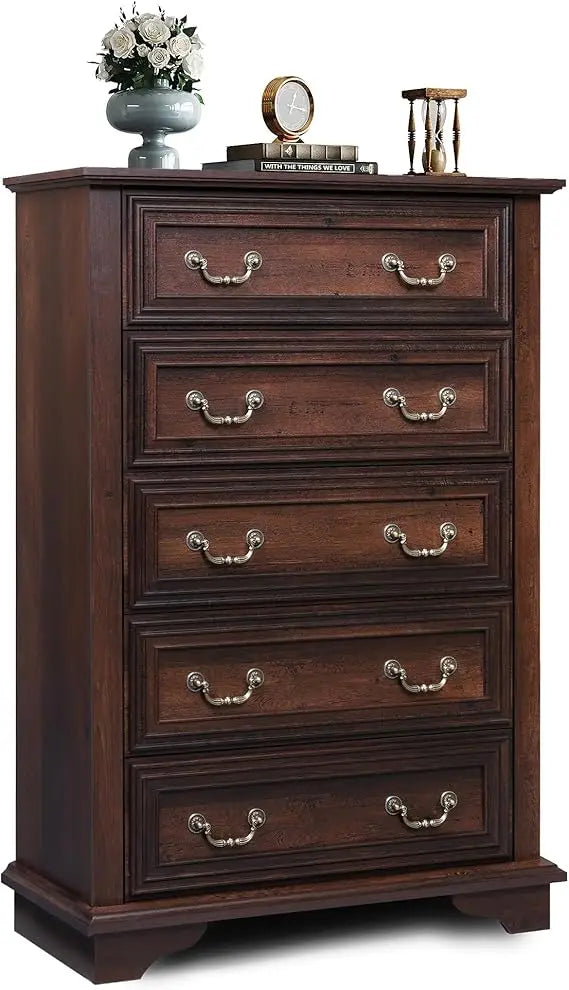 Farmhouse Dresser for Bedroom, Tall Wood Dresser with 5 Drawer, Chest of Drawers with Roman Metal Handle for Living Room