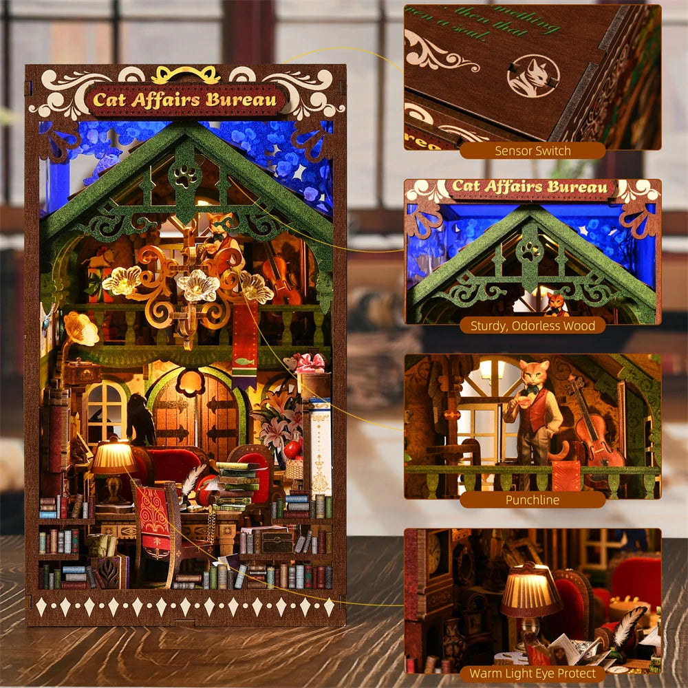 ASLOWSNAIL Book Nook Kit Kitty Cat 3D Puzzle Wooden DIY Home Decoration for Bookshelf