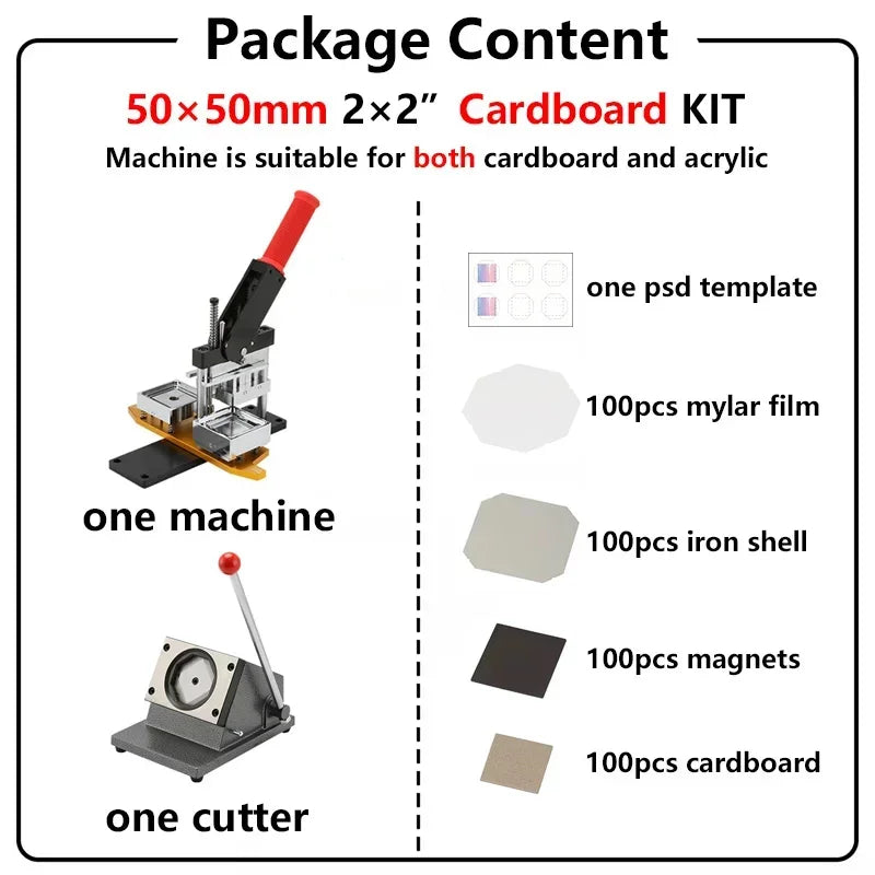 2*2" 2.5x2.5" Fridge Magnet Button Making Machine, 50*50mm Square Refrigerator Magnets Maker Machine+Cutter+100pcs Materials Set
