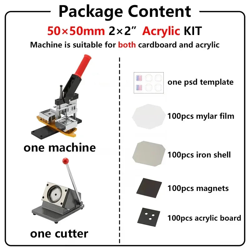 2*2" 2.5x2.5" Fridge Magnet Button Making Machine, 50*50mm Square Refrigerator Magnets Maker Machine+Cutter+100pcs Materials Set