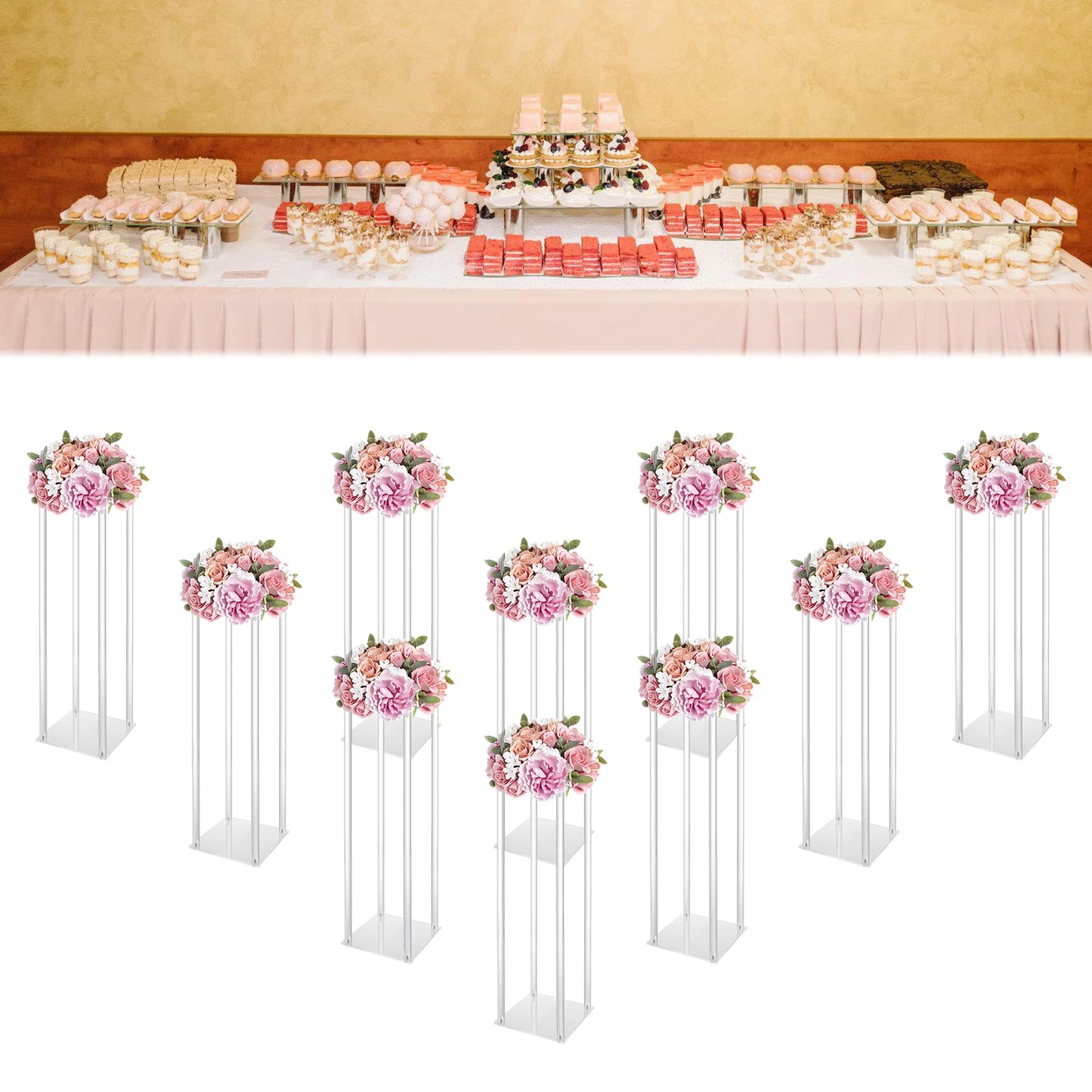 10Pcs Acrylic Vase Wedding Flower Stands Set, 23.6"H Clear Column Rack Geometric Display Stand for Home Party Wedding Decor