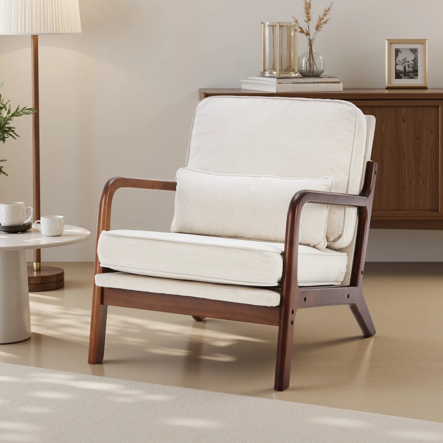 JHK Midcentury Modern Solid Wooden Frame ErgonomicallyDesigned Armchair With Cushions