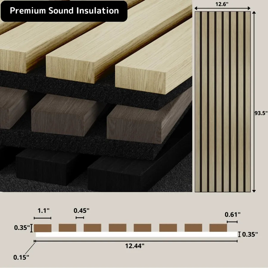 Solid Wood Slat Panels for Interior Wall Decor 2-Piece 93.5 x 12.6 Acoustic Soundproofing Panels with 3D Fluted Design for Nois