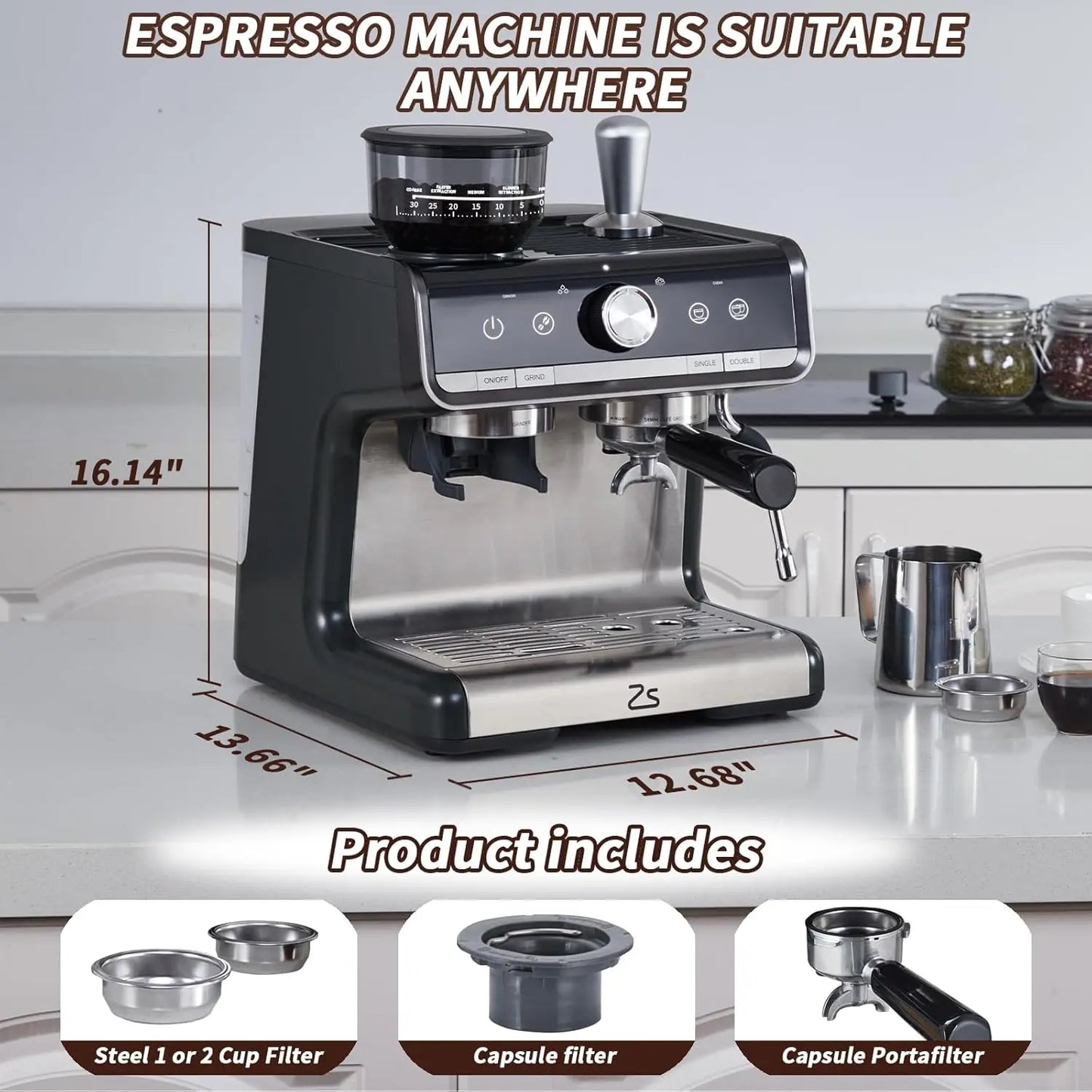 Acekool Espresso Machine With IndustrialStrength Burr Grinder And Premium Frother