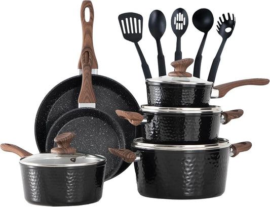 Pots And Pans Set Nonstick 15 Pcs Hammered Granite Induction