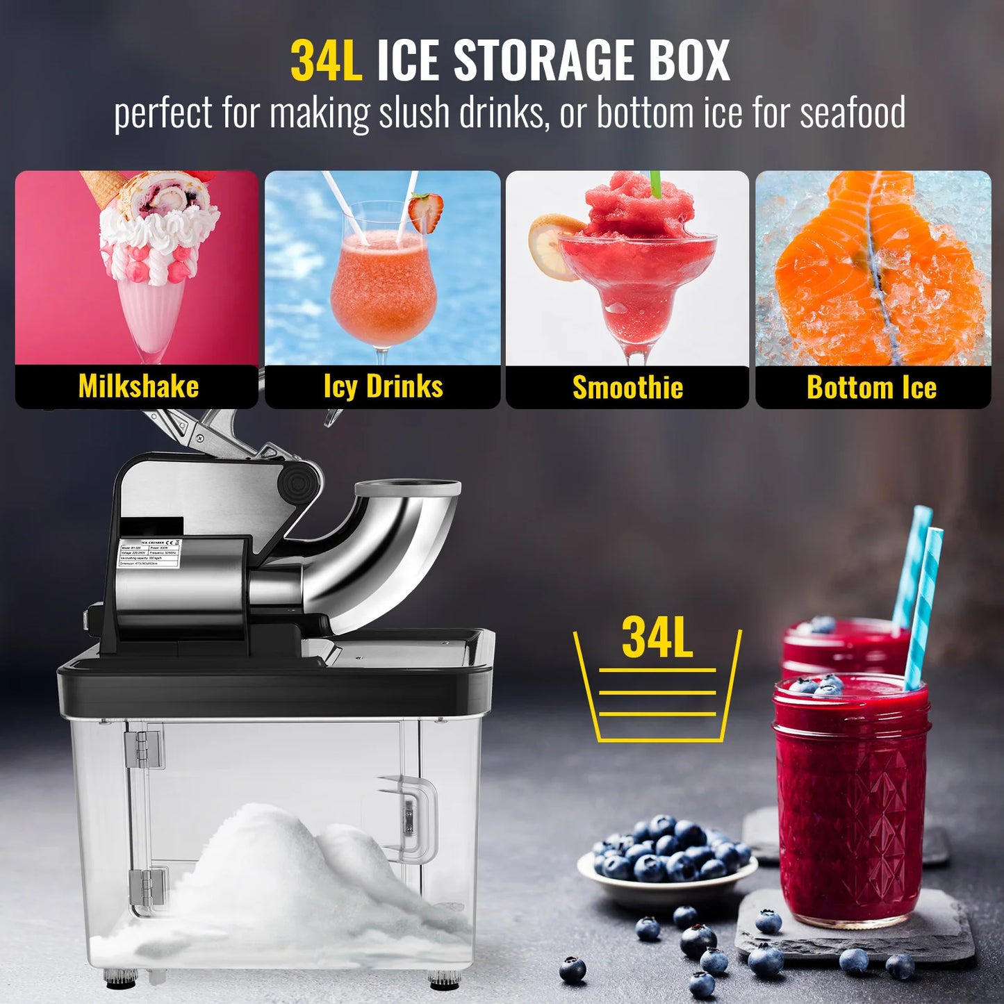 SucceBuy Electric Snow Cone Machine Ice Shaver Crusher Granizing Glass Blender Mixer Chopper Stainless Steel Colder Commercial