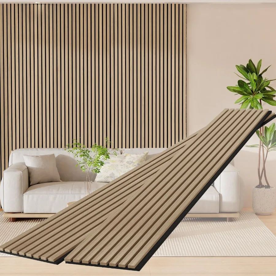 Solid Wood Slat Panels for Interior Wall Decor 2-Piece 93.5 x 12.6 Acoustic Soundproofing Panels with 3D Fluted Design for Nois