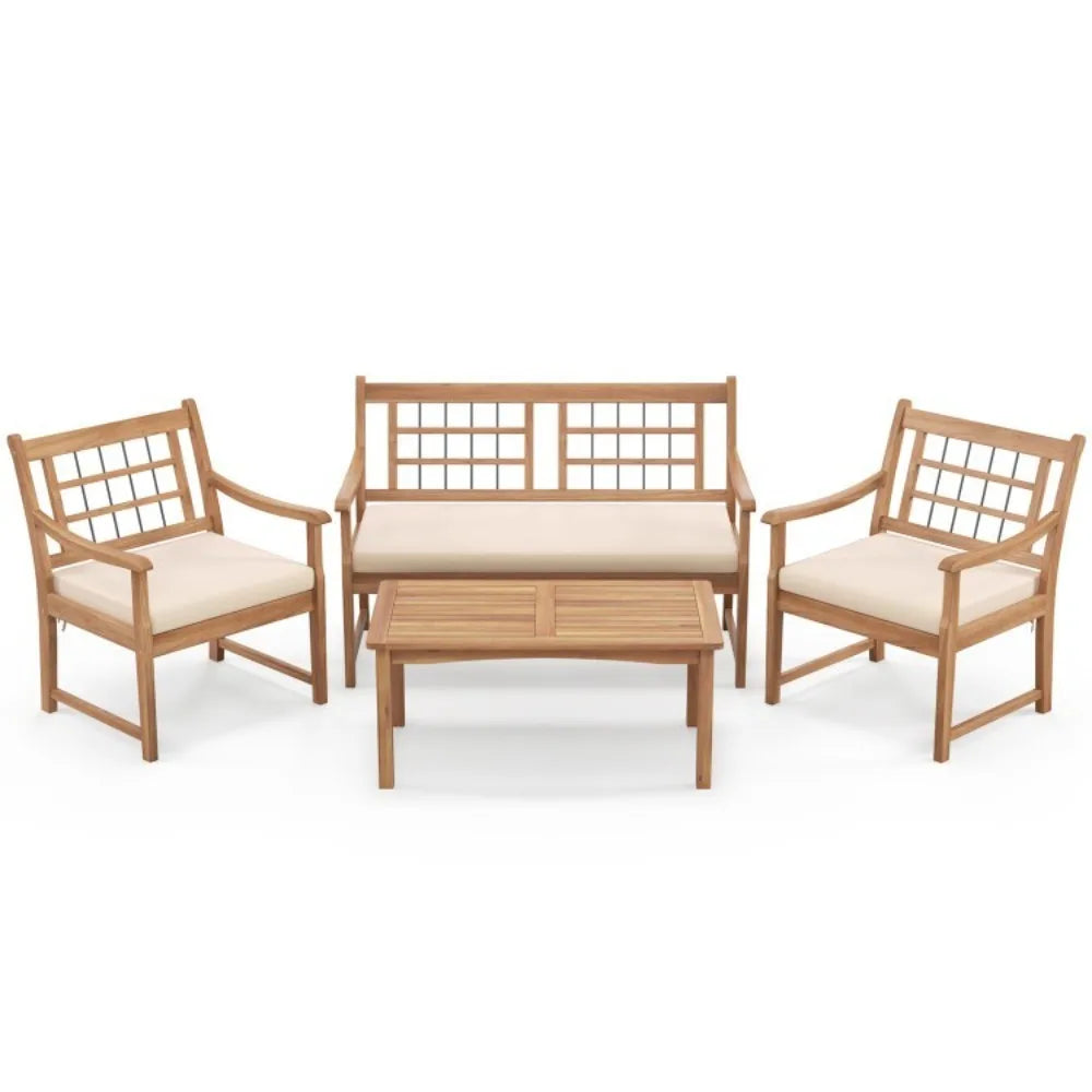 4 Piece Patio Wood Furniture Set With Cushions And Coffee Table