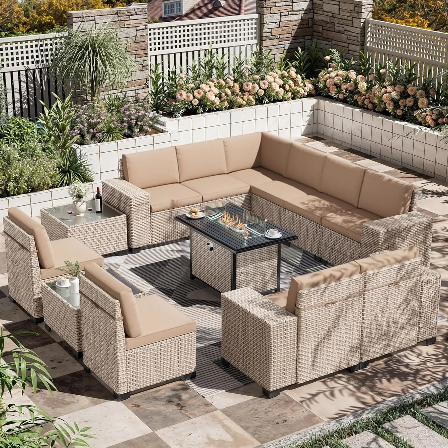 Thirteen Piece Outdoor Patio Wicker Furniture Set High Back Rattan