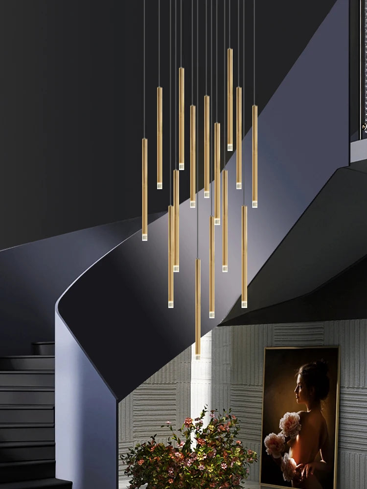 Led Luxury staircase Chandelier Gold Column Long Lamp Duplex Building Modern Living Room Chandelier Villa Penthouse Chandelier
