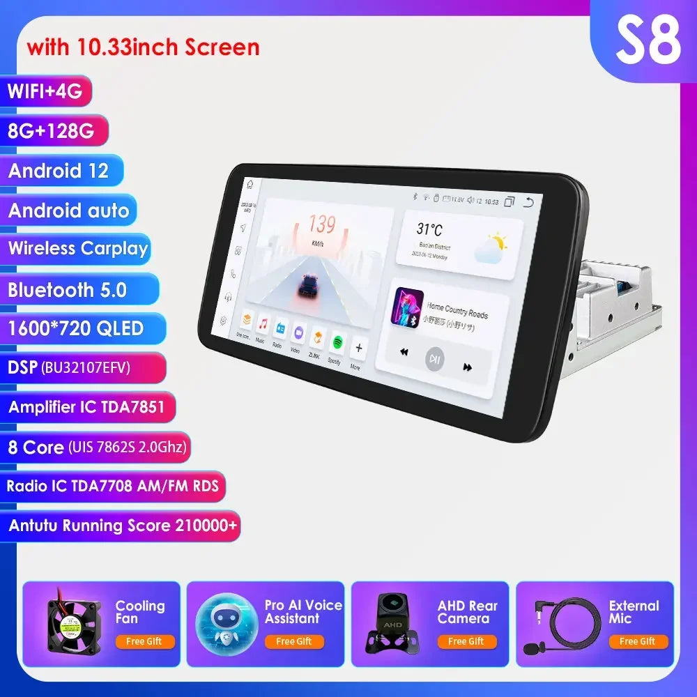Hizpo 1 Din Car Radio Multimedia Player Detachable Panel 10.33" Wireless Carplay Android 360° Rotatable Universal Stereo GPS BT