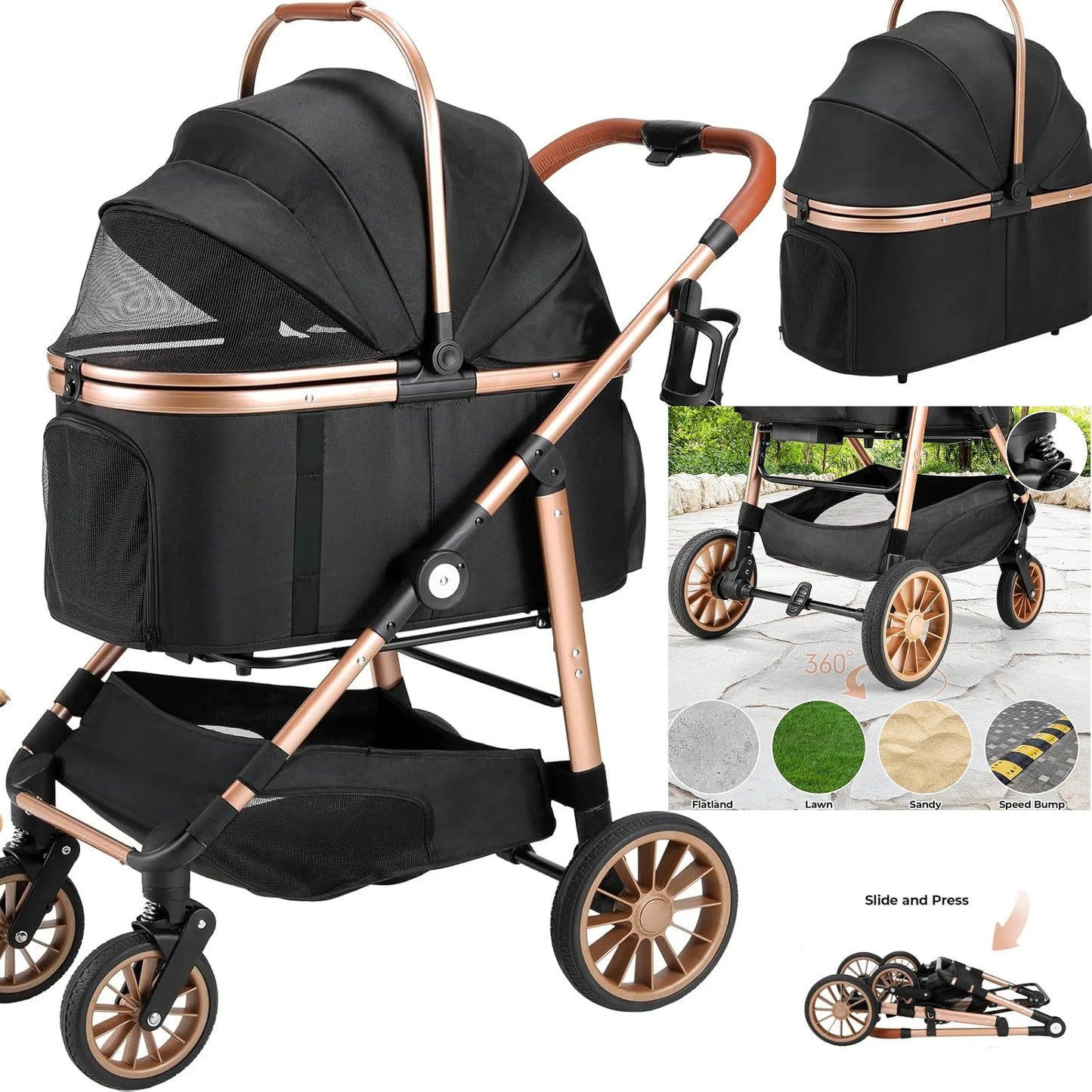 Breed 360 Degree High Wheels Foldable Cat and Dog Stroller