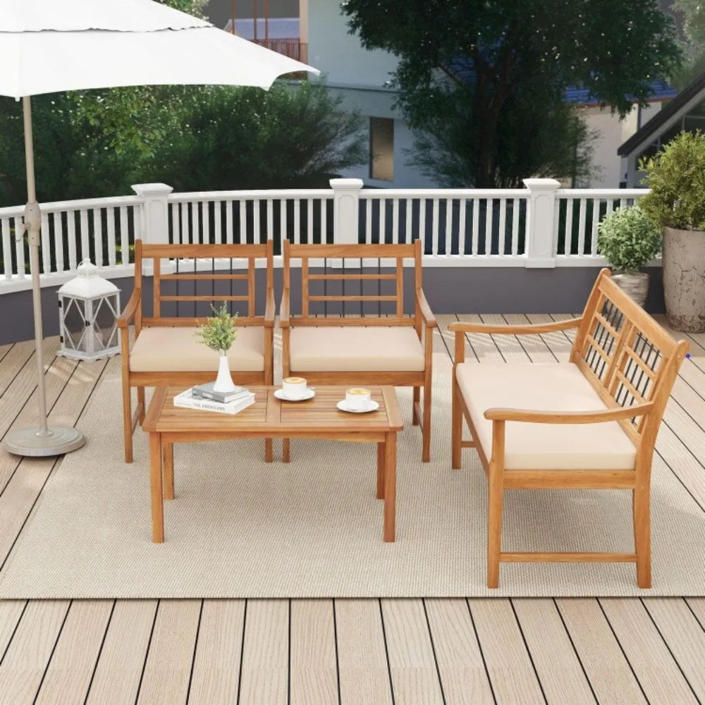 4 Piece Patio Wood Furniture Set With Cushions And Coffee Table