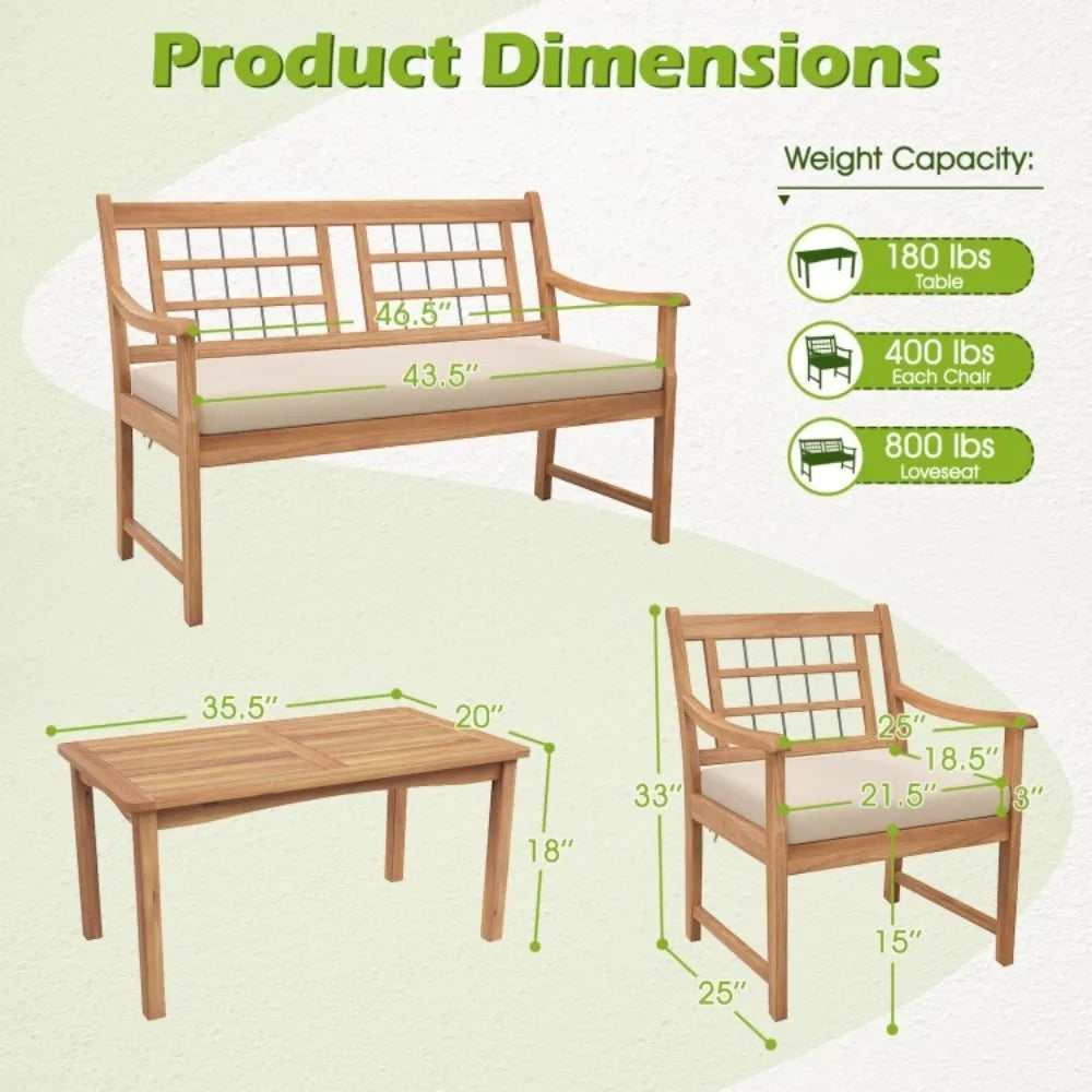 4 Piece Patio Wood Furniture Set With Cushions And Coffee Table
