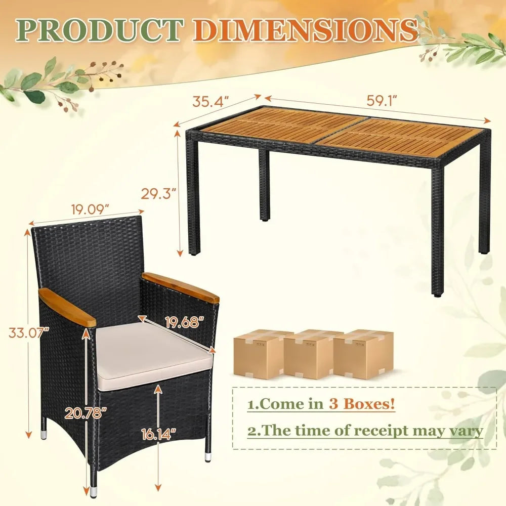 7 Piece Outdoor Patio Dining Set With Table And Rattan Chairs Cushions