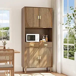 Kitchen Pantry Cabinet With Line Groove Design And Microwave Stand