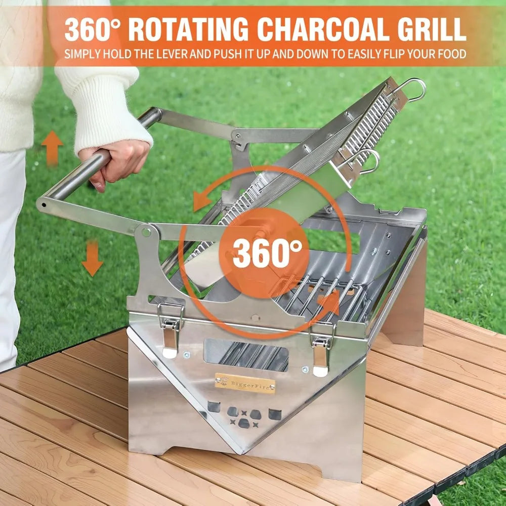Portable Stainless Steel Rotating BBQ Grill for Outdoor Camping and Detachable Charcoal Grilling