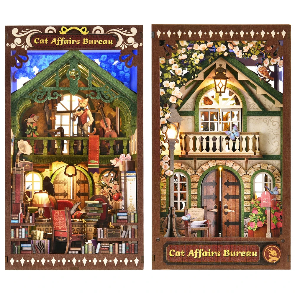 ASLOWSNAIL Book Nook Kit Kitty Cat 3D Puzzle Wooden DIY Home Decoration for Bookshelf
