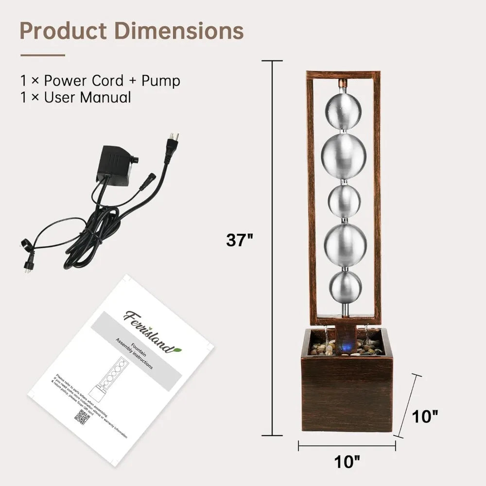 Outdoor Water Fountain with Pump, Relaxing Stainless Steel Geometric Sphere Freestanding Waterfall Fountains Modern Home Decor