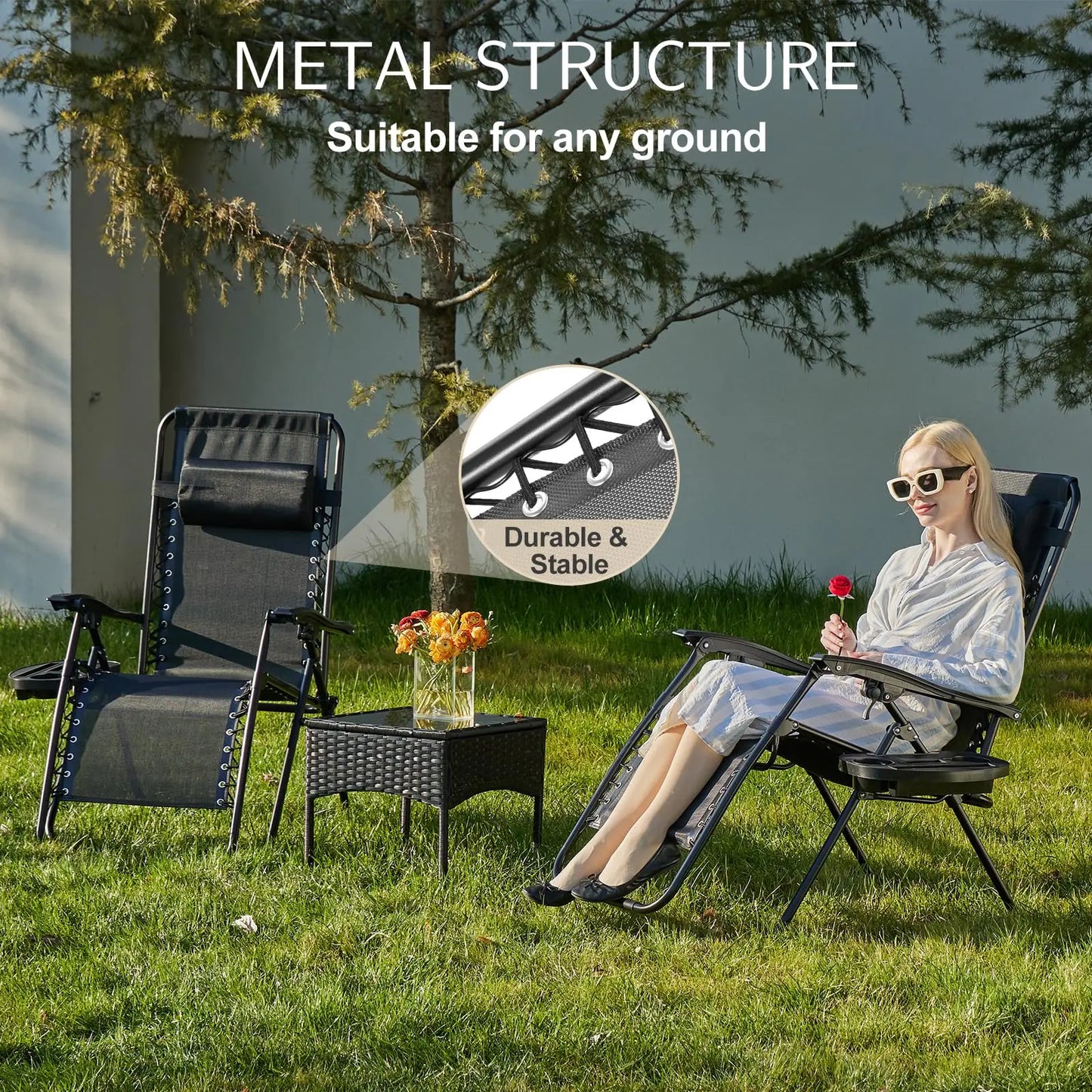 JHK Zero Gravity Recliner Set Of 2 Portable Outdoor Patio Lounge Chairs With Cup Holders